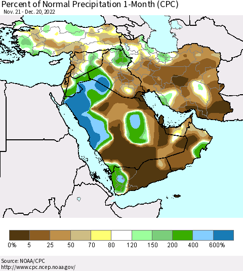 Middle East and Turkey Percent of Normal Precipitation 1-Month (CPC) Thematic Map For 11/21/2022 - 12/20/2022