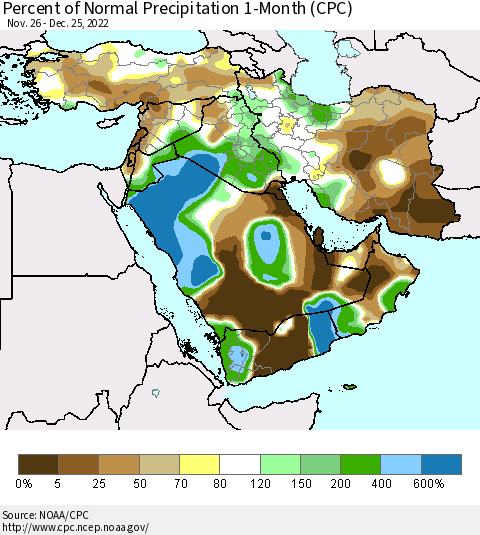 Middle East and Turkey Percent of Normal Precipitation 1-Month (CPC) Thematic Map For 11/26/2022 - 12/25/2022