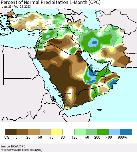Middle East and Turkey Percent of Normal Precipitation 1-Month (CPC) Thematic Map For 1/26/2023 - 2/25/2023
