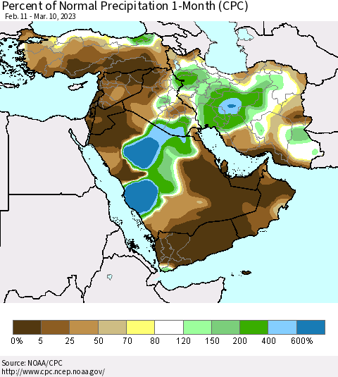 Middle East and Turkey Percent of Normal Precipitation 1-Month (CPC) Thematic Map For 2/11/2023 - 3/10/2023