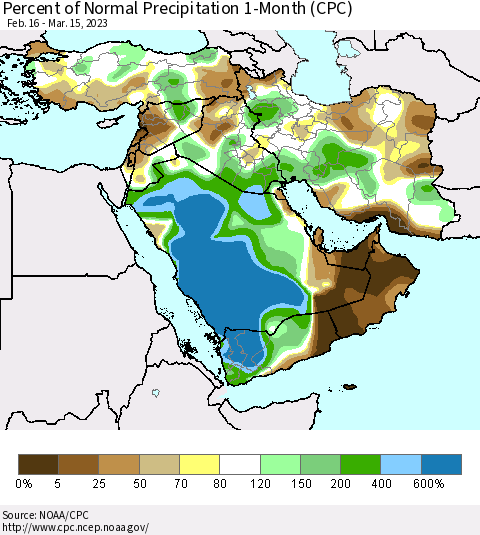 Middle East and Turkey Percent of Normal Precipitation 1-Month (CPC) Thematic Map For 2/16/2023 - 3/15/2023