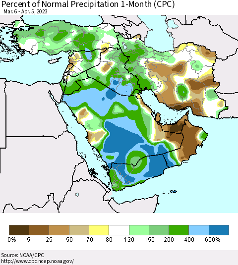 Middle East and Turkey Percent of Normal Precipitation 1-Month (CPC) Thematic Map For 3/6/2023 - 4/5/2023