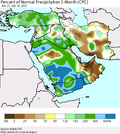 Middle East and Turkey Percent of Normal Precipitation 1-Month (CPC) Thematic Map For 3/11/2023 - 4/10/2023
