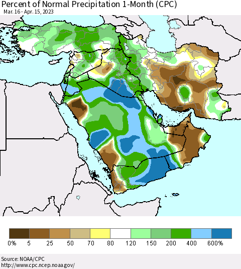 Middle East and Turkey Percent of Normal Precipitation 1-Month (CPC) Thematic Map For 3/16/2023 - 4/15/2023