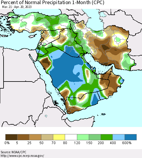 Middle East and Turkey Percent of Normal Precipitation 1-Month (CPC) Thematic Map For 3/21/2023 - 4/20/2023