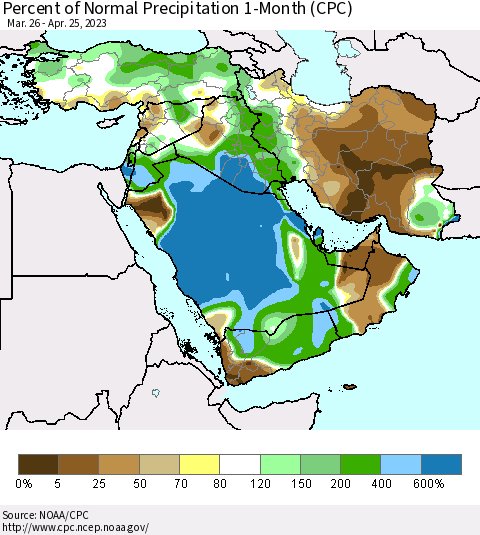 Middle East and Turkey Percent of Normal Precipitation 1-Month (CPC) Thematic Map For 3/26/2023 - 4/25/2023