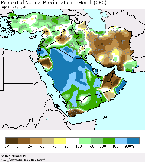Middle East and Turkey Percent of Normal Precipitation 1-Month (CPC) Thematic Map For 4/6/2023 - 5/5/2023