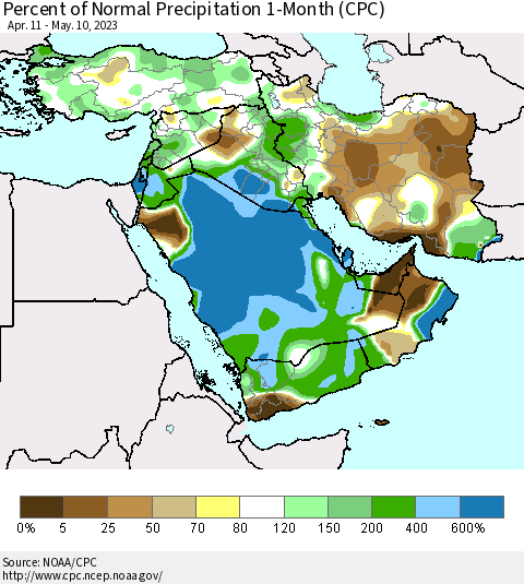 Middle East and Turkey Percent of Normal Precipitation 1-Month (CPC) Thematic Map For 4/11/2023 - 5/10/2023