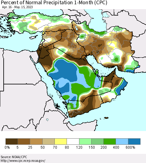 Middle East and Turkey Percent of Normal Precipitation 1-Month (CPC) Thematic Map For 4/16/2023 - 5/15/2023