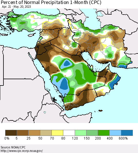 Middle East and Turkey Percent of Normal Precipitation 1-Month (CPC) Thematic Map For 4/21/2023 - 5/20/2023
