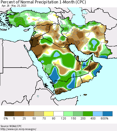 Middle East and Turkey Percent of Normal Precipitation 1-Month (CPC) Thematic Map For 4/26/2023 - 5/25/2023