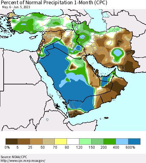 Middle East and Turkey Percent of Normal Precipitation 1-Month (CPC) Thematic Map For 5/6/2023 - 6/5/2023