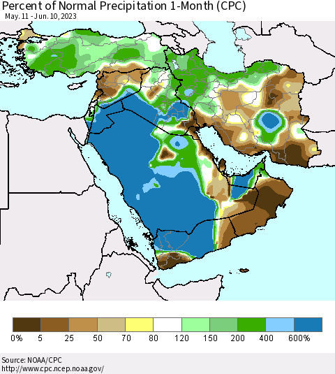 Middle East and Turkey Percent of Normal Precipitation 1-Month (CPC) Thematic Map For 5/11/2023 - 6/10/2023