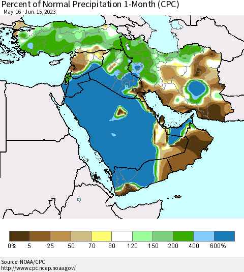 Middle East and Turkey Percent of Normal Precipitation 1-Month (CPC) Thematic Map For 5/16/2023 - 6/15/2023