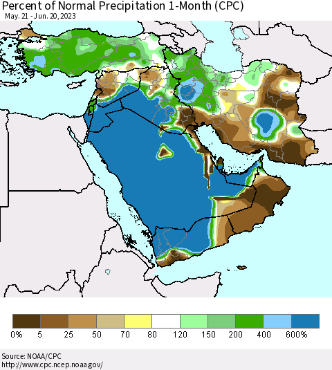 Middle East and Turkey Percent of Normal Precipitation 1-Month (CPC) Thematic Map For 5/21/2023 - 6/20/2023