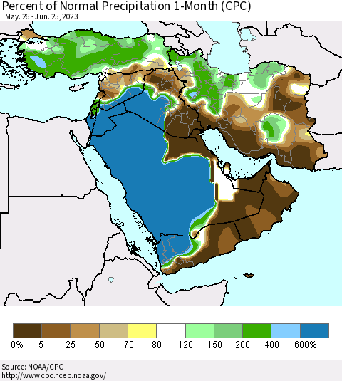 Middle East and Turkey Percent of Normal Precipitation 1-Month (CPC) Thematic Map For 5/26/2023 - 6/25/2023