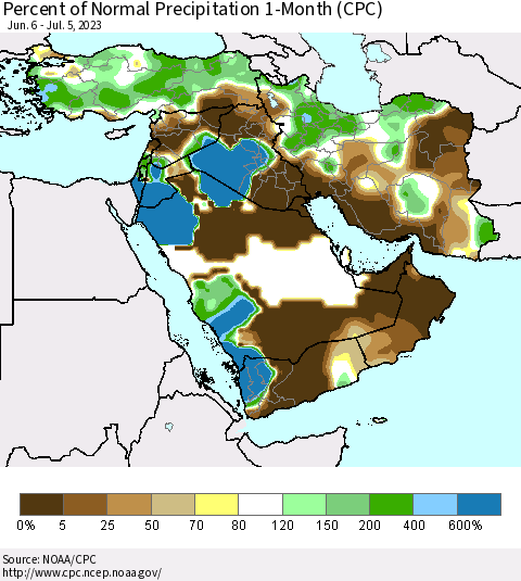 Middle East and Turkey Percent of Normal Precipitation 1-Month (CPC) Thematic Map For 6/6/2023 - 7/5/2023