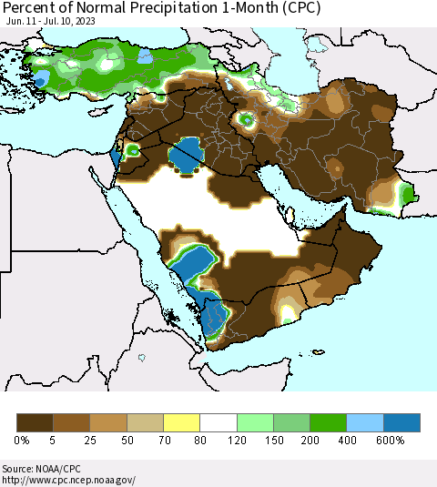 Middle East and Turkey Percent of Normal Precipitation 1-Month (CPC) Thematic Map For 6/11/2023 - 7/10/2023