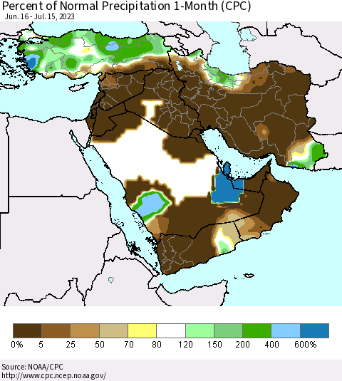 Middle East and Turkey Percent of Normal Precipitation 1-Month (CPC) Thematic Map For 6/16/2023 - 7/15/2023