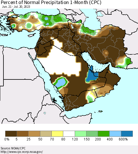 Middle East and Turkey Percent of Normal Precipitation 1-Month (CPC) Thematic Map For 6/21/2023 - 7/20/2023