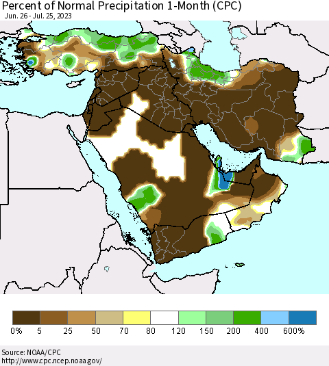 Middle East and Turkey Percent of Normal Precipitation 1-Month (CPC) Thematic Map For 6/26/2023 - 7/25/2023