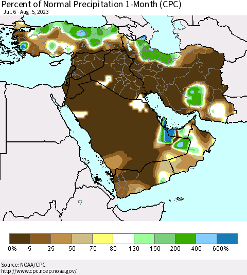 Middle East and Turkey Percent of Normal Precipitation 1-Month (CPC) Thematic Map For 7/6/2023 - 8/5/2023