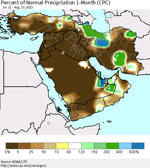 Middle East and Turkey Percent of Normal Precipitation 1-Month (CPC) Thematic Map For 7/11/2023 - 8/10/2023