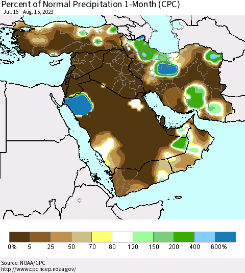 Middle East and Turkey Percent of Normal Precipitation 1-Month (CPC) Thematic Map For 7/16/2023 - 8/15/2023