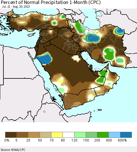 Middle East and Turkey Percent of Normal Precipitation 1-Month (CPC) Thematic Map For 7/21/2023 - 8/20/2023