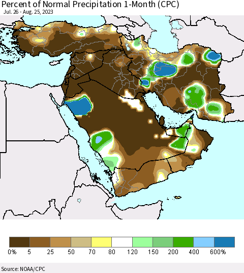 Middle East and Turkey Percent of Normal Precipitation 1-Month (CPC) Thematic Map For 7/26/2023 - 8/25/2023