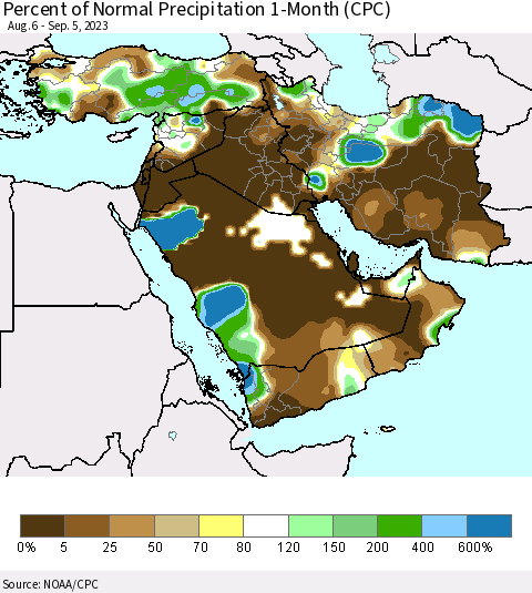 Middle East and Turkey Percent of Normal Precipitation 1-Month (CPC) Thematic Map For 8/6/2023 - 9/5/2023