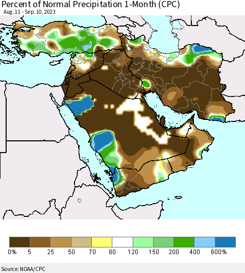 Middle East and Turkey Percent of Normal Precipitation 1-Month (CPC) Thematic Map For 8/11/2023 - 9/10/2023