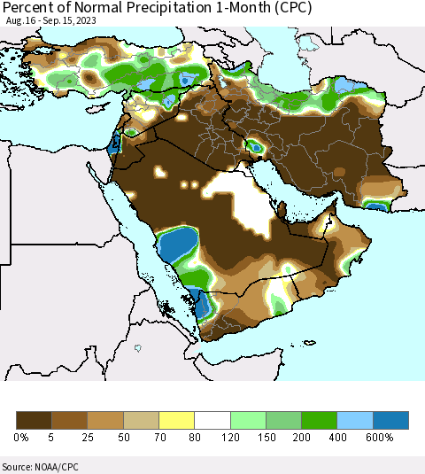 Middle East and Turkey Percent of Normal Precipitation 1-Month (CPC) Thematic Map For 8/16/2023 - 9/15/2023