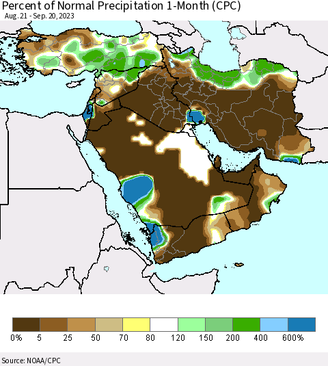 Middle East and Turkey Percent of Normal Precipitation 1-Month (CPC) Thematic Map For 8/21/2023 - 9/20/2023