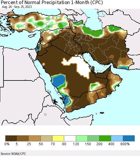 Middle East and Turkey Percent of Normal Precipitation 1-Month (CPC) Thematic Map For 8/26/2023 - 9/25/2023