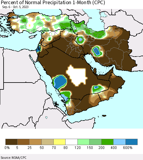 Middle East and Turkey Percent of Normal Precipitation 1-Month (CPC) Thematic Map For 9/6/2023 - 10/5/2023