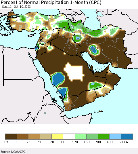 Middle East and Turkey Percent of Normal Precipitation 1-Month (CPC) Thematic Map For 9/11/2023 - 10/10/2023