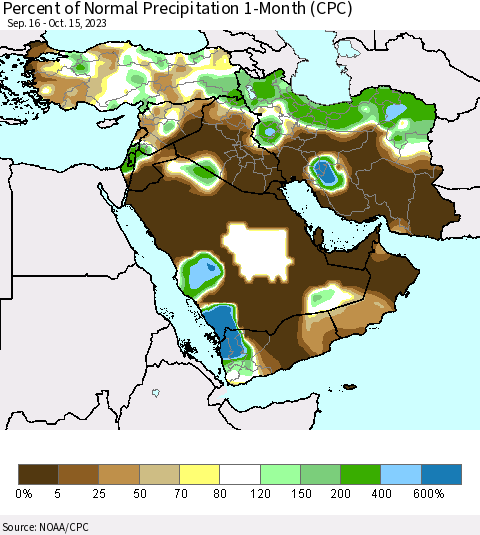 Middle East and Turkey Percent of Normal Precipitation 1-Month (CPC) Thematic Map For 9/16/2023 - 10/15/2023
