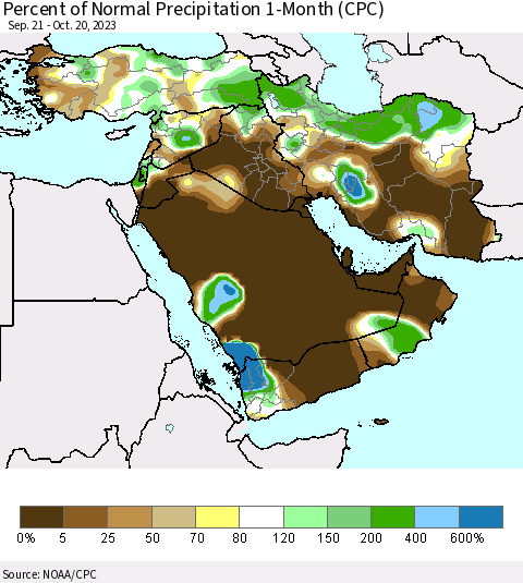 Middle East and Turkey Percent of Normal Precipitation 1-Month (CPC) Thematic Map For 9/21/2023 - 10/20/2023