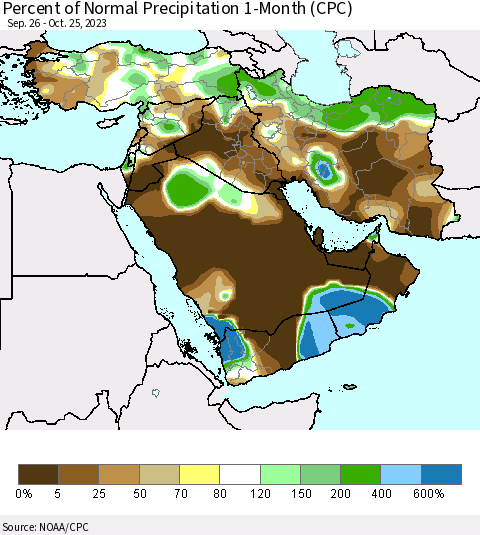Middle East and Turkey Percent of Normal Precipitation 1-Month (CPC) Thematic Map For 9/26/2023 - 10/25/2023
