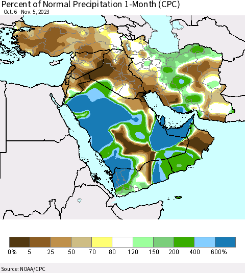 Middle East and Turkey Percent of Normal Precipitation 1-Month (CPC) Thematic Map For 10/6/2023 - 11/5/2023
