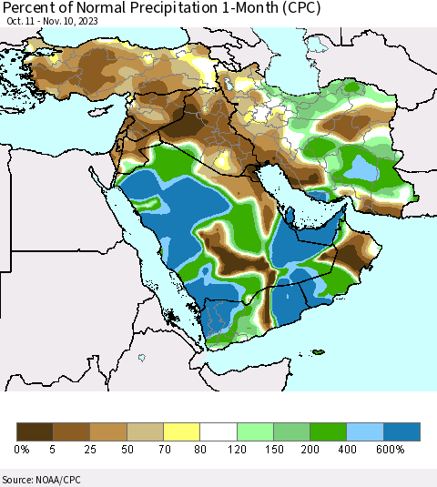 Middle East and Turkey Percent of Normal Precipitation 1-Month (CPC) Thematic Map For 10/11/2023 - 11/10/2023