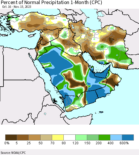 Middle East and Turkey Percent of Normal Precipitation 1-Month (CPC) Thematic Map For 10/16/2023 - 11/15/2023