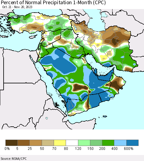 Middle East and Turkey Percent of Normal Precipitation 1-Month (CPC) Thematic Map For 10/21/2023 - 11/20/2023