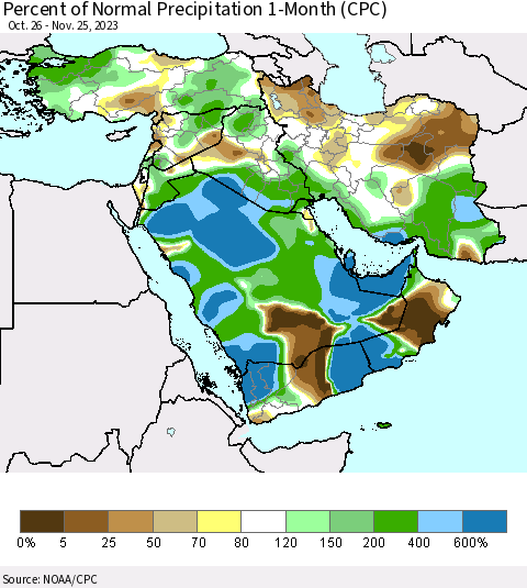 Middle East and Turkey Percent of Normal Precipitation 1-Month (CPC) Thematic Map For 10/26/2023 - 11/25/2023