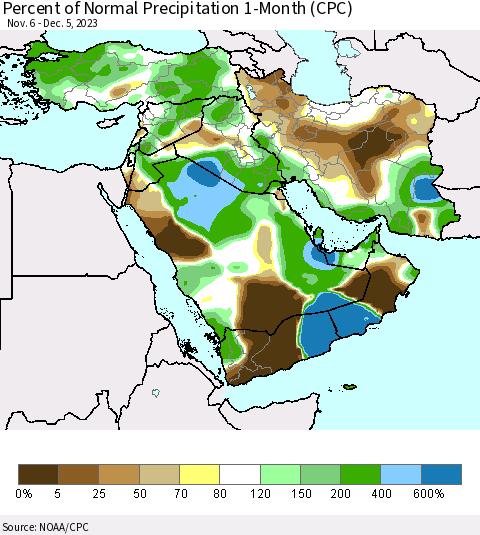 Middle East and Turkey Percent of Normal Precipitation 1-Month (CPC) Thematic Map For 11/6/2023 - 12/5/2023