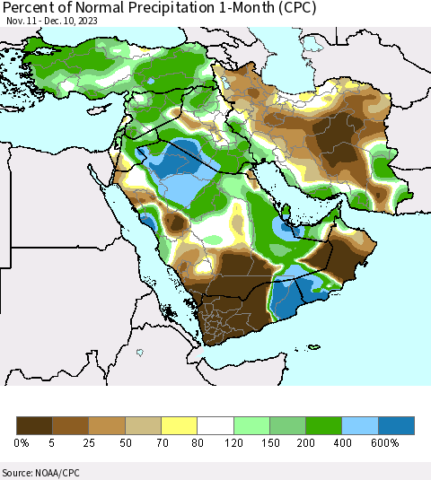 Middle East and Turkey Percent of Normal Precipitation 1-Month (CPC) Thematic Map For 11/11/2023 - 12/10/2023