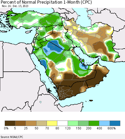 Middle East and Turkey Percent of Normal Precipitation 1-Month (CPC) Thematic Map For 11/16/2023 - 12/15/2023