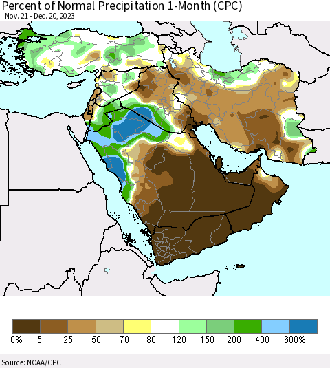 Middle East and Turkey Percent of Normal Precipitation 1-Month (CPC) Thematic Map For 11/21/2023 - 12/20/2023