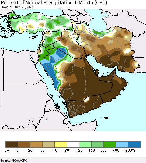 Middle East and Turkey Percent of Normal Precipitation 1-Month (CPC) Thematic Map For 11/26/2023 - 12/25/2023